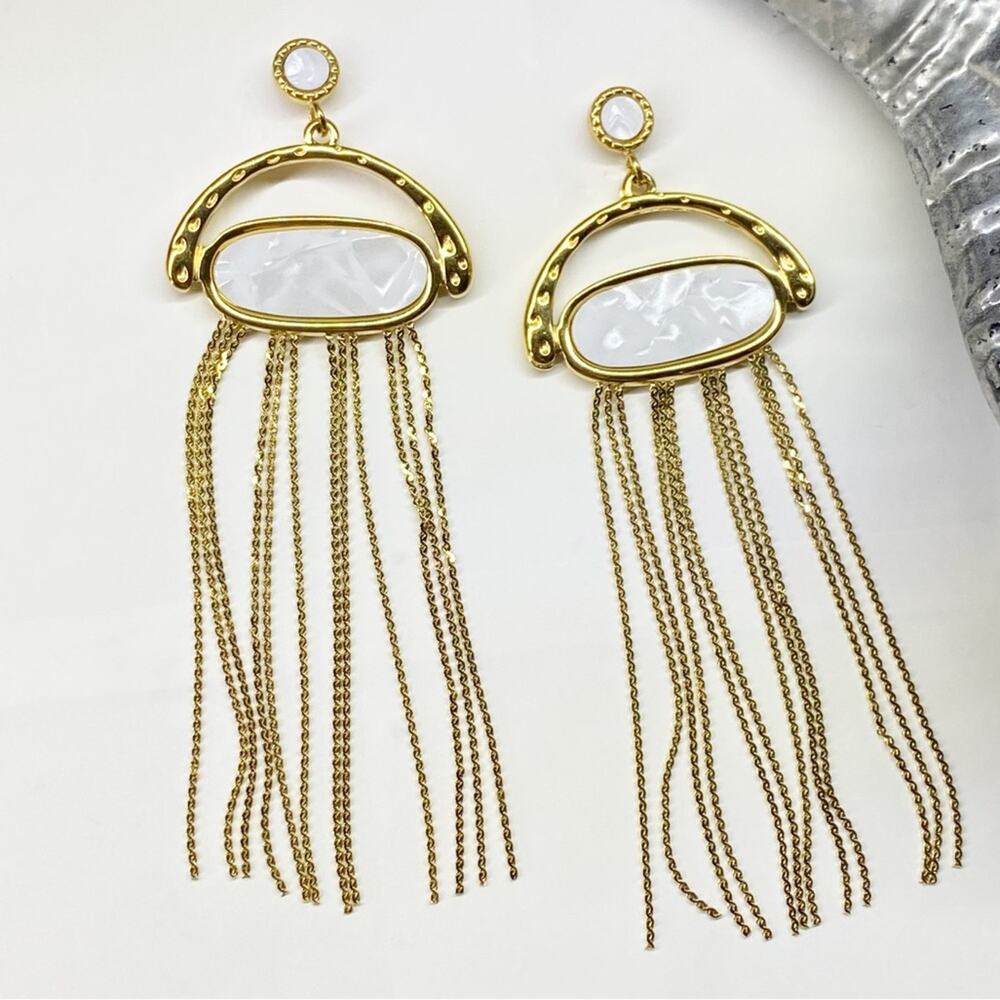 NEW Mother Of Pearl Gold Fringe Earrings